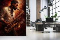 Hallway featuring Golden Horn Fiery Soul saxophone mural art, GD9423