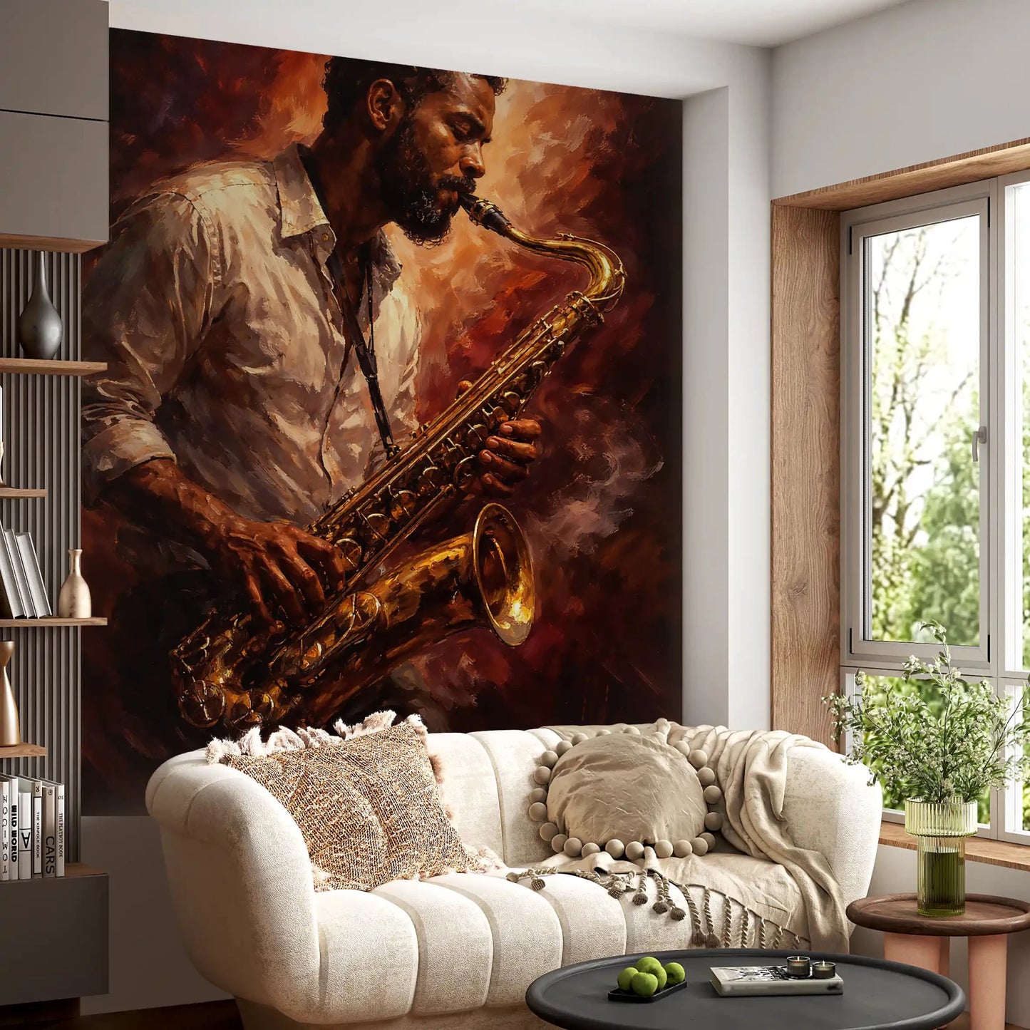 Golden Horn Fiery Soul wall mural with saxophone player art, GD9423