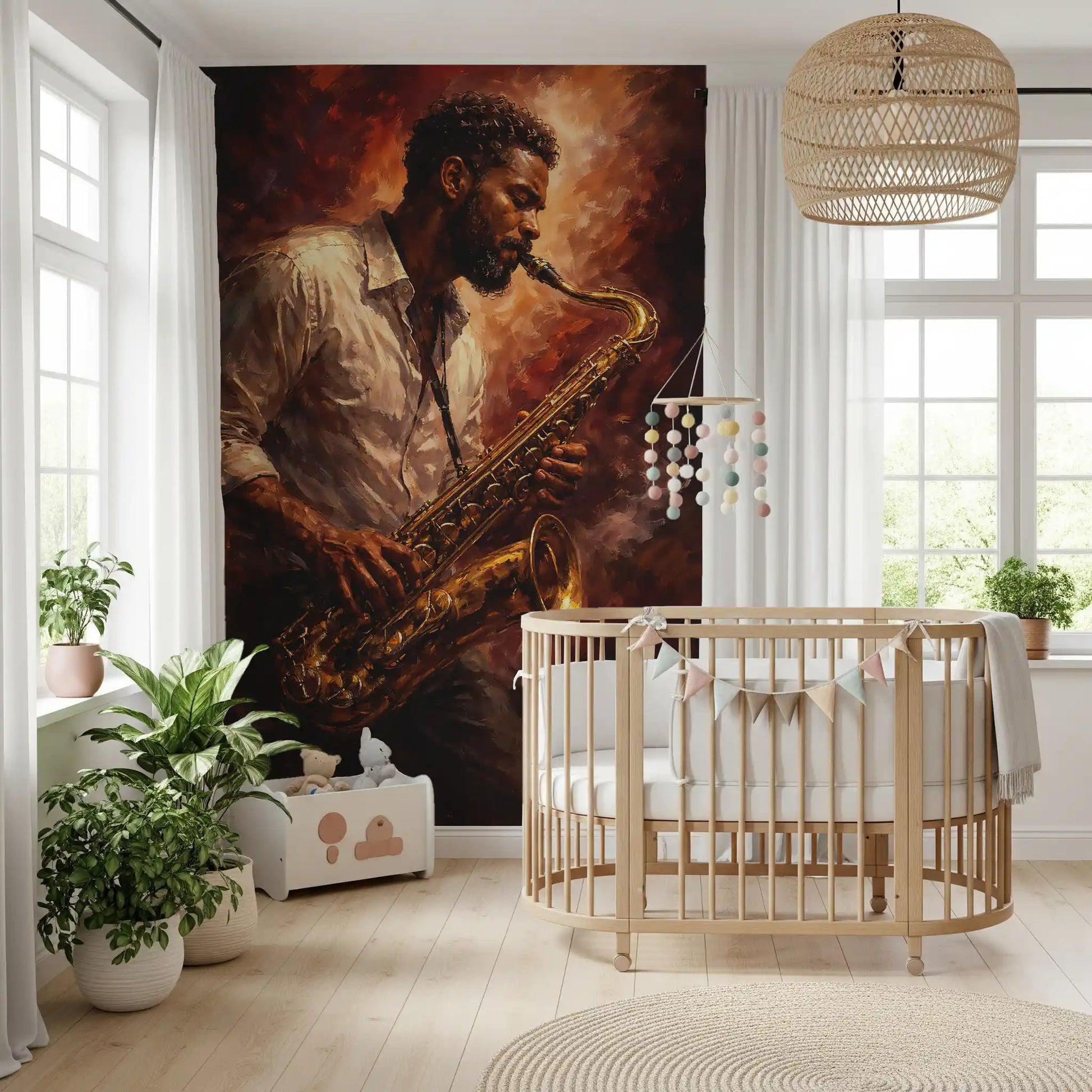 Saxophone player wall mural Golden Horn Fiery Soul artwork, GD9423
