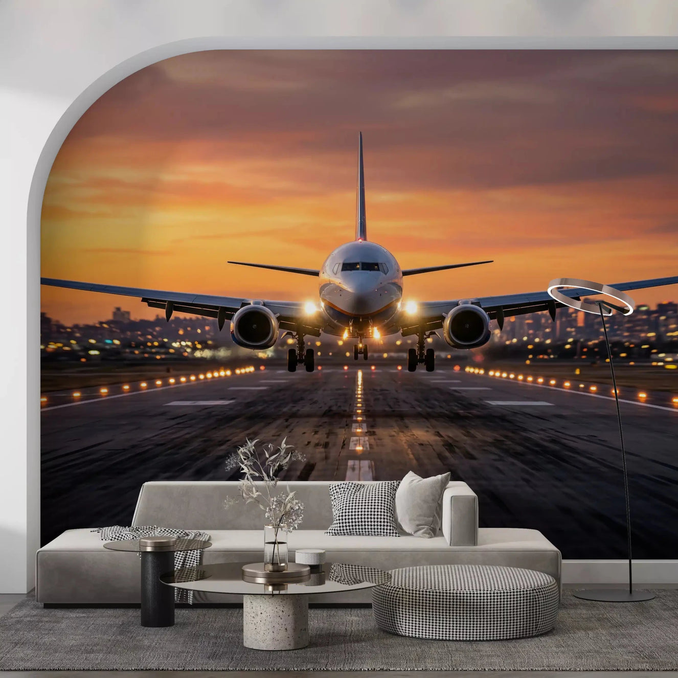 Living room with Golden Hour Ascent wall mural and runway sunset jet scene