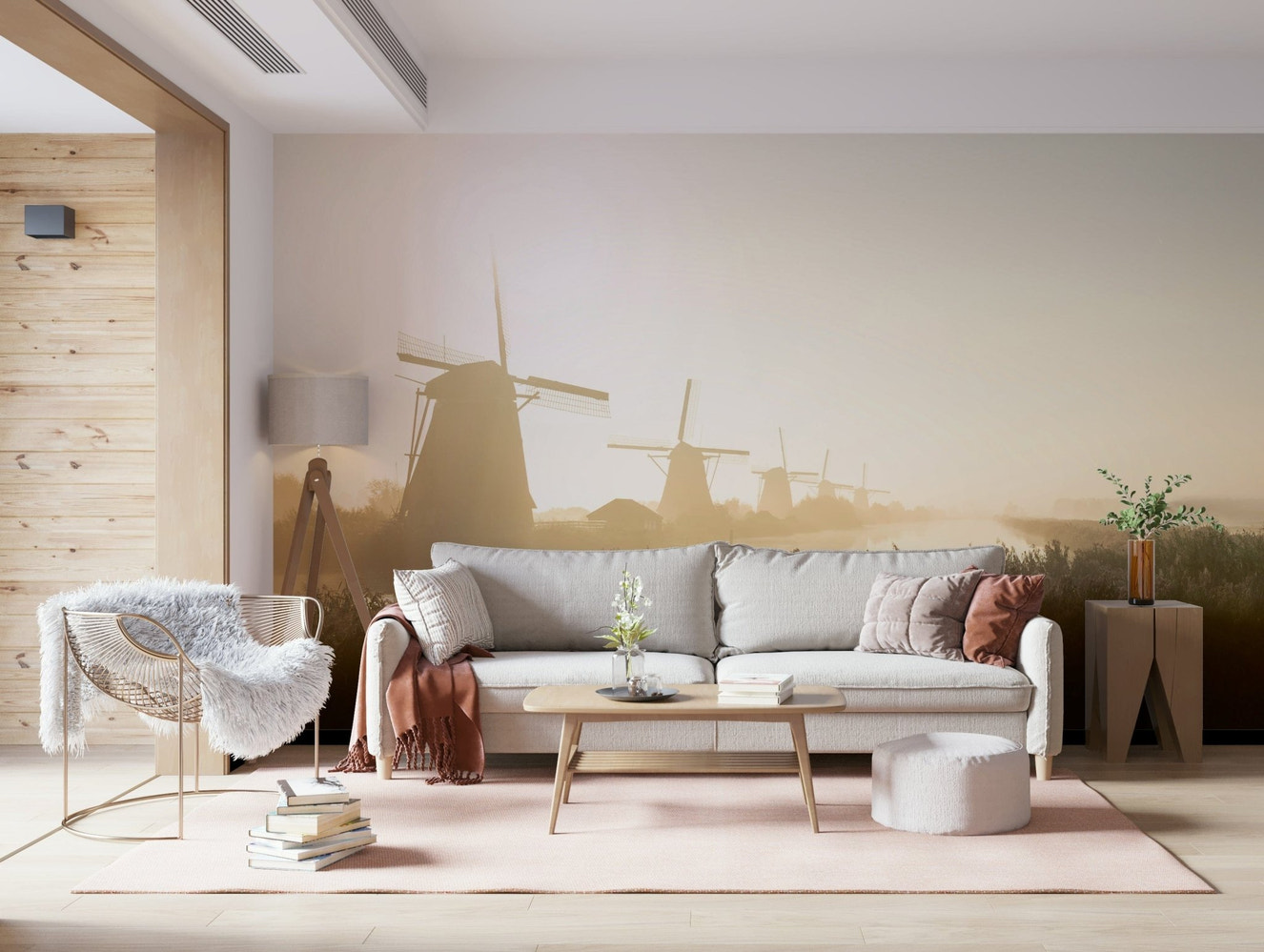 A beautiful panoramic wallpaper mural of Kinderdijk windmills at golden hour.