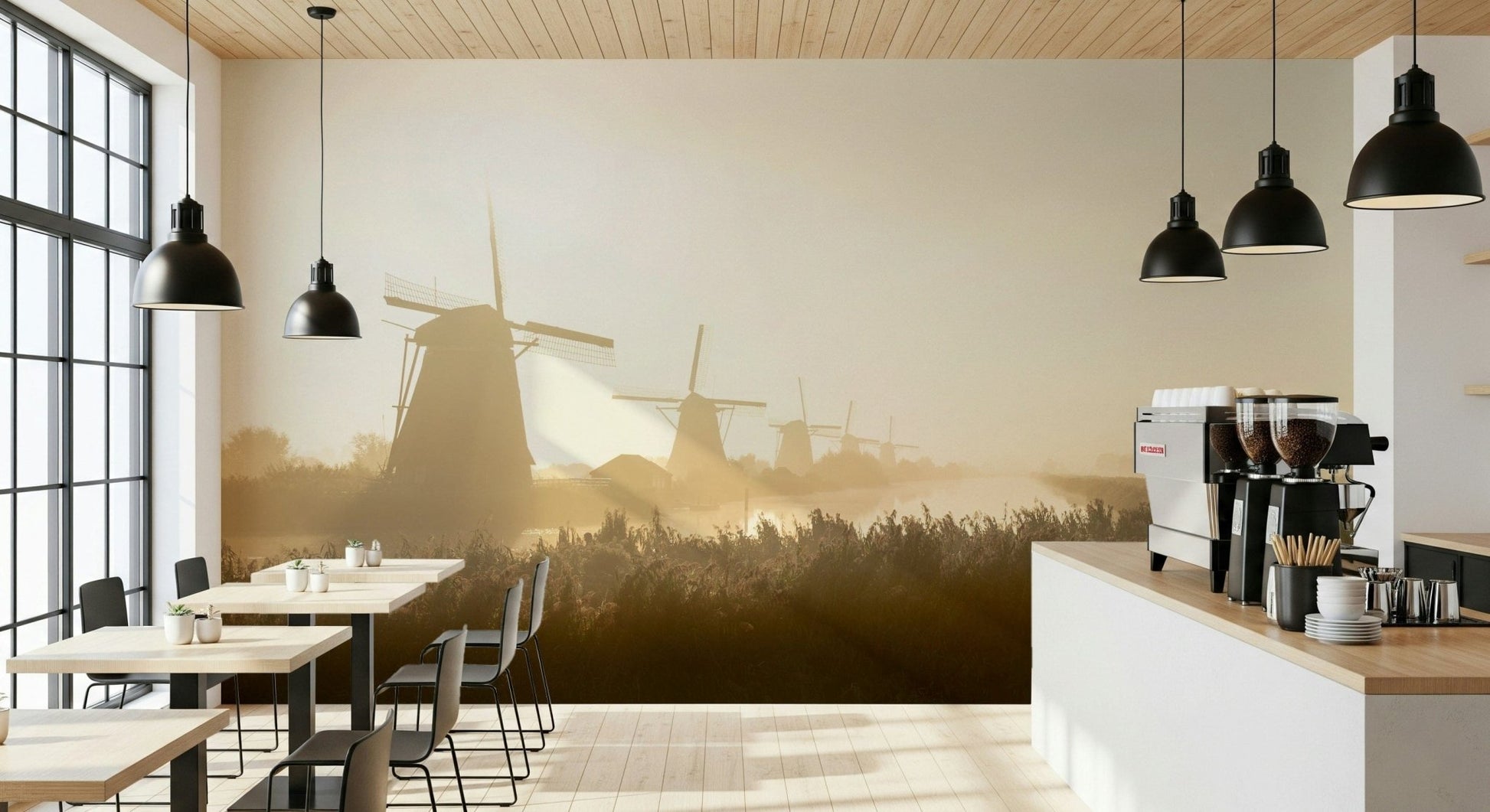 An artistic scenic vista mural on minimalist wallpaper.