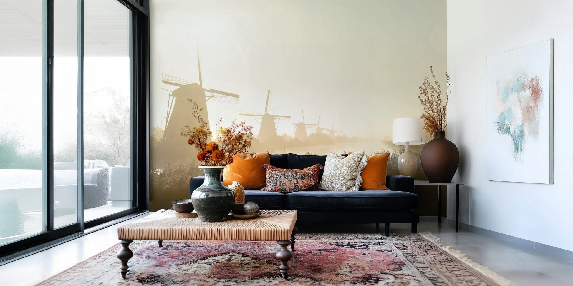 A peaceful Dutch landscape mural on decorative wallpaper.