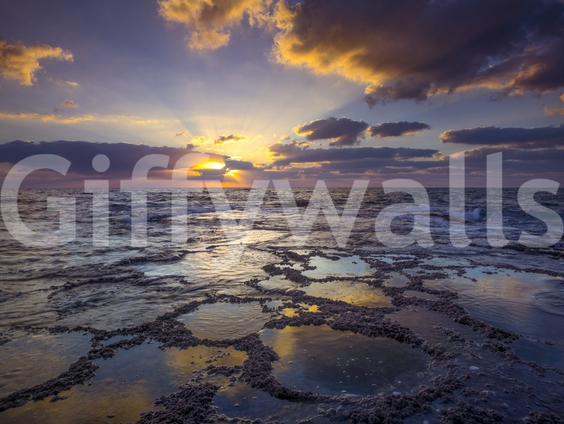 Serene coastal wall mural with golden sunset hues., GD1896