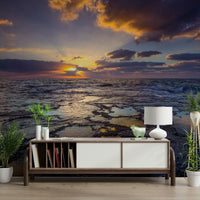 Stunning beach sunset wall mural with golden tones., GD1896