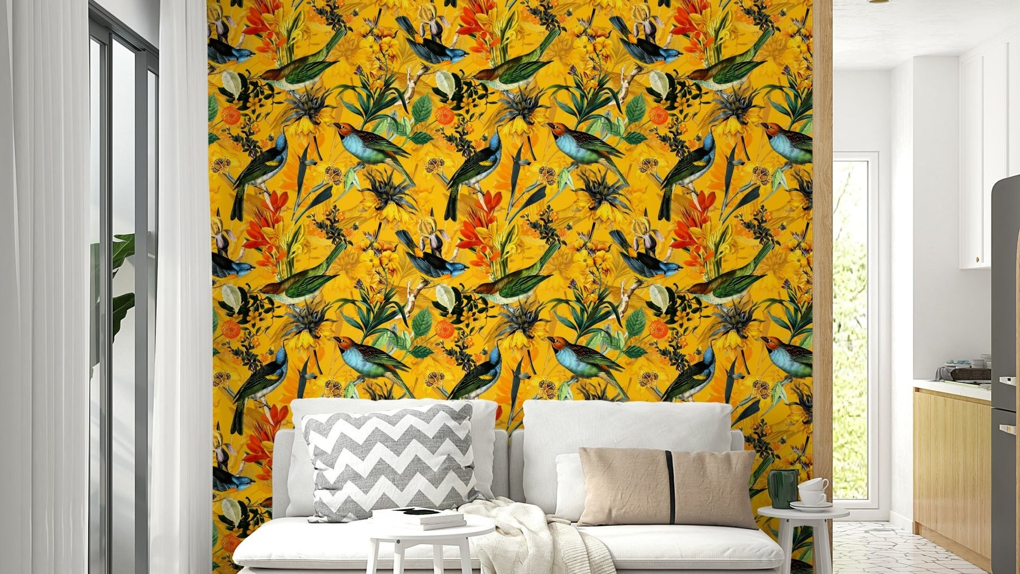 Golden Hour Aviary Wallpaper with soft sunlight glow., GD1392