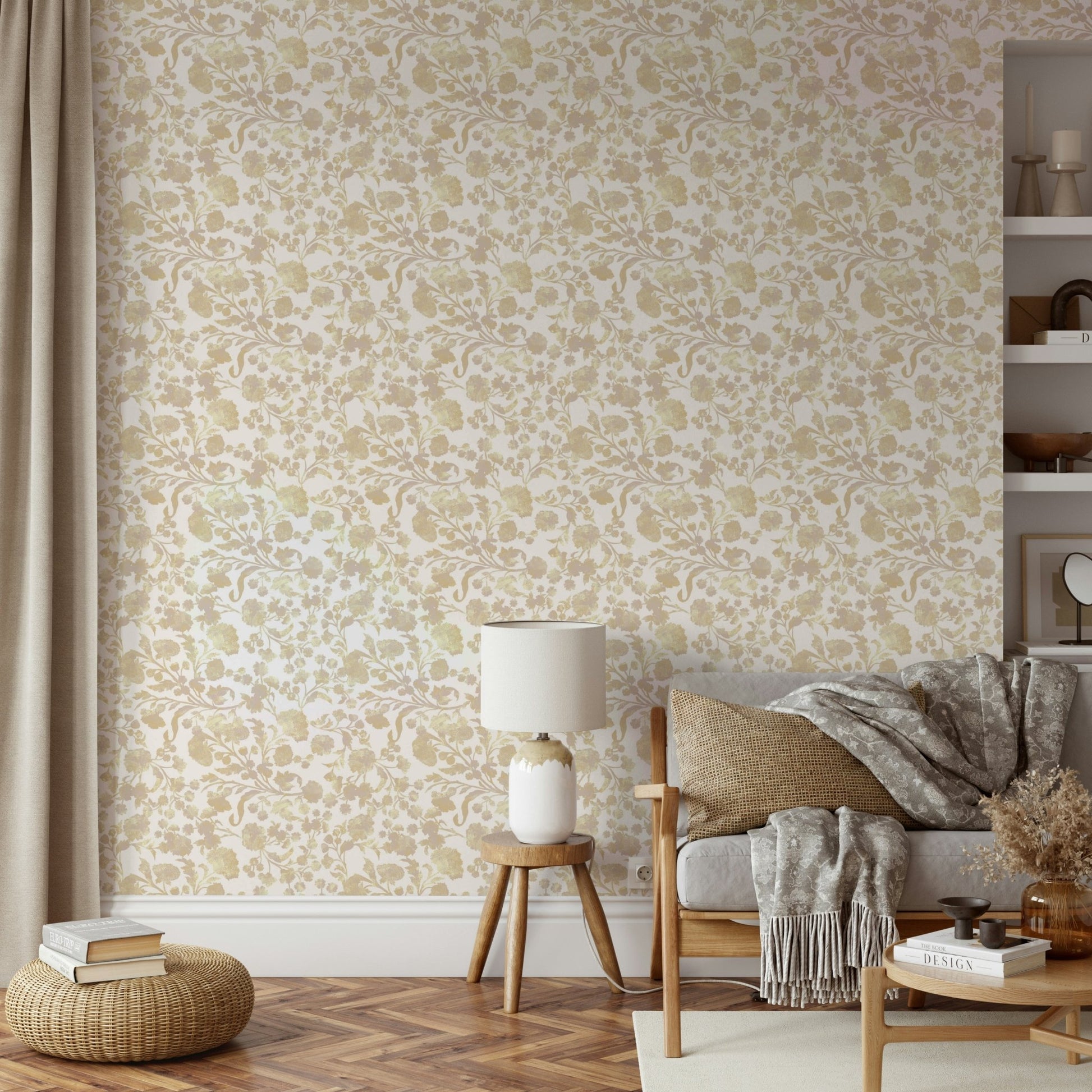 Blooming flowers wallpaper in golden sunlight hues

