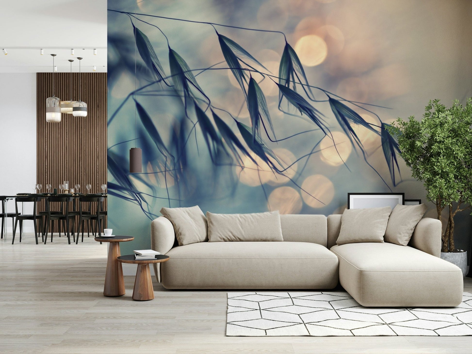 A peaceful flower design mural on decorative wallpaper.