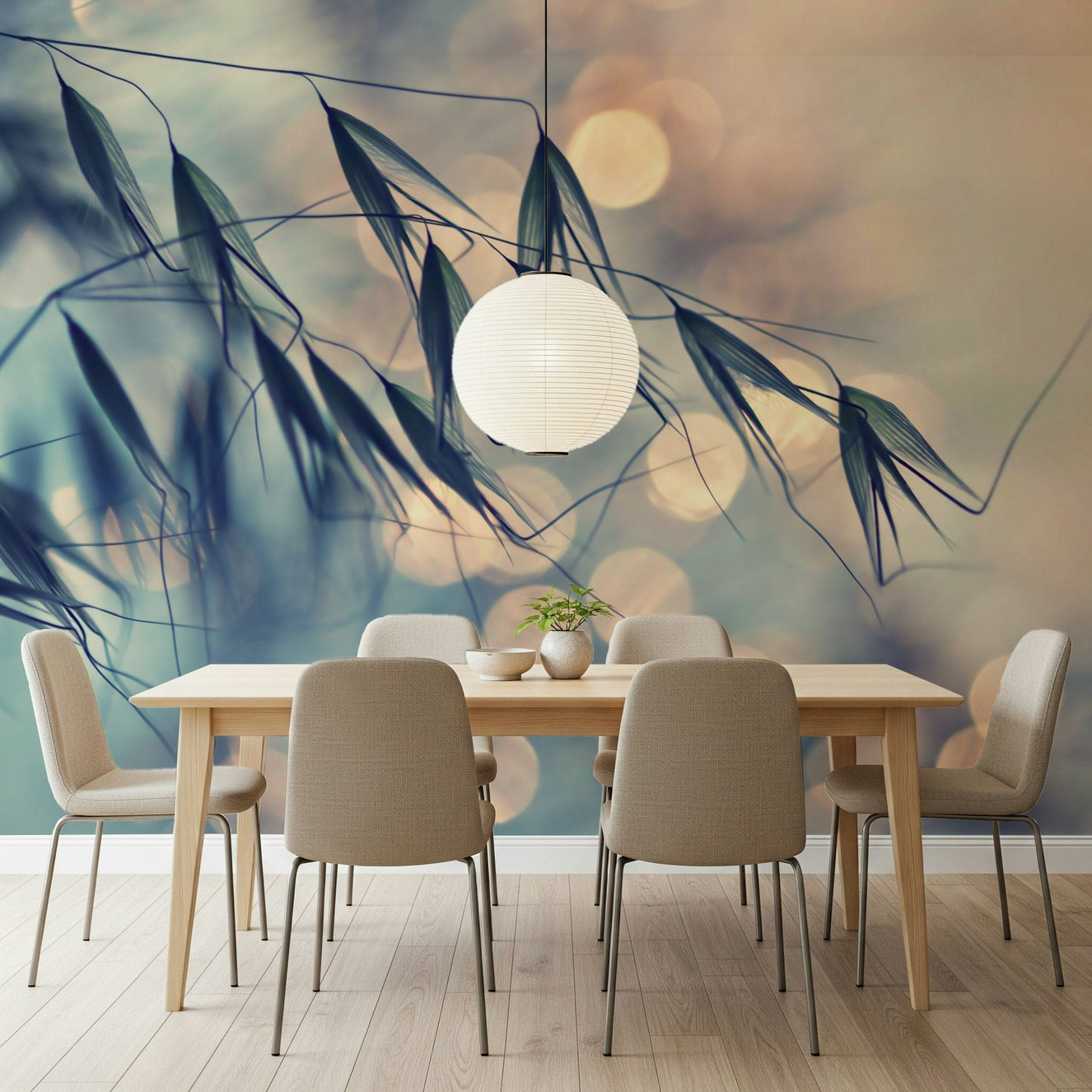 A beautiful golden hour floral wallpaper mural for a modern home.