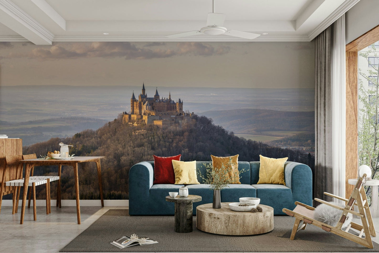 An elegant wall mural with a view of a fortress or city.

