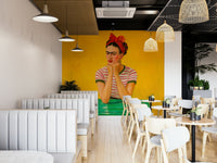 Contemplative figure in golden light mural design

