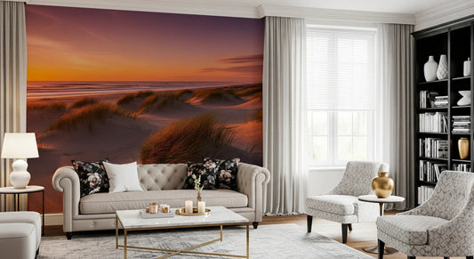Modern living room featuring Golden Hour Dunes Wall Mural with orange tones.