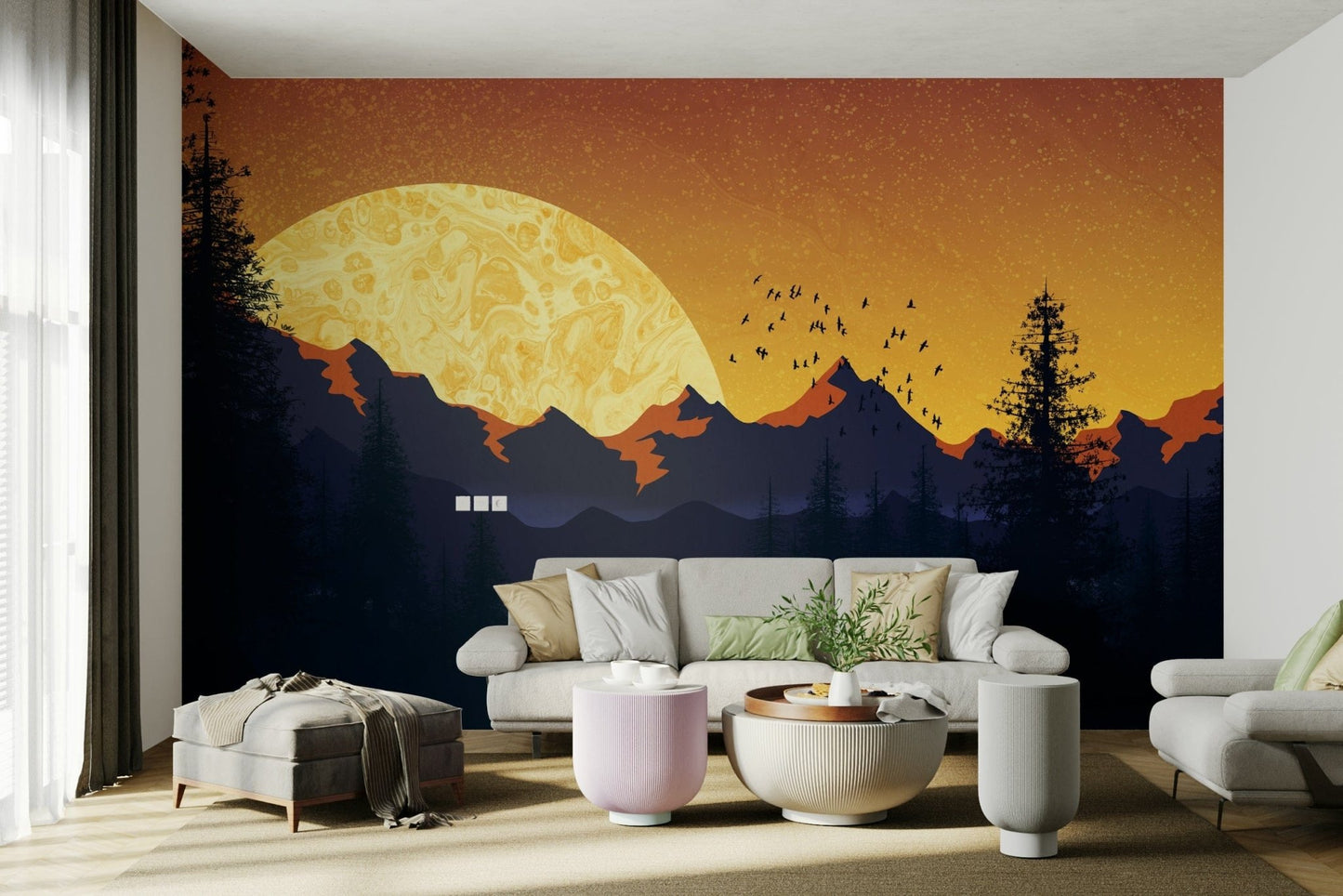 Yellow sun behind dark peaks mural GD112

