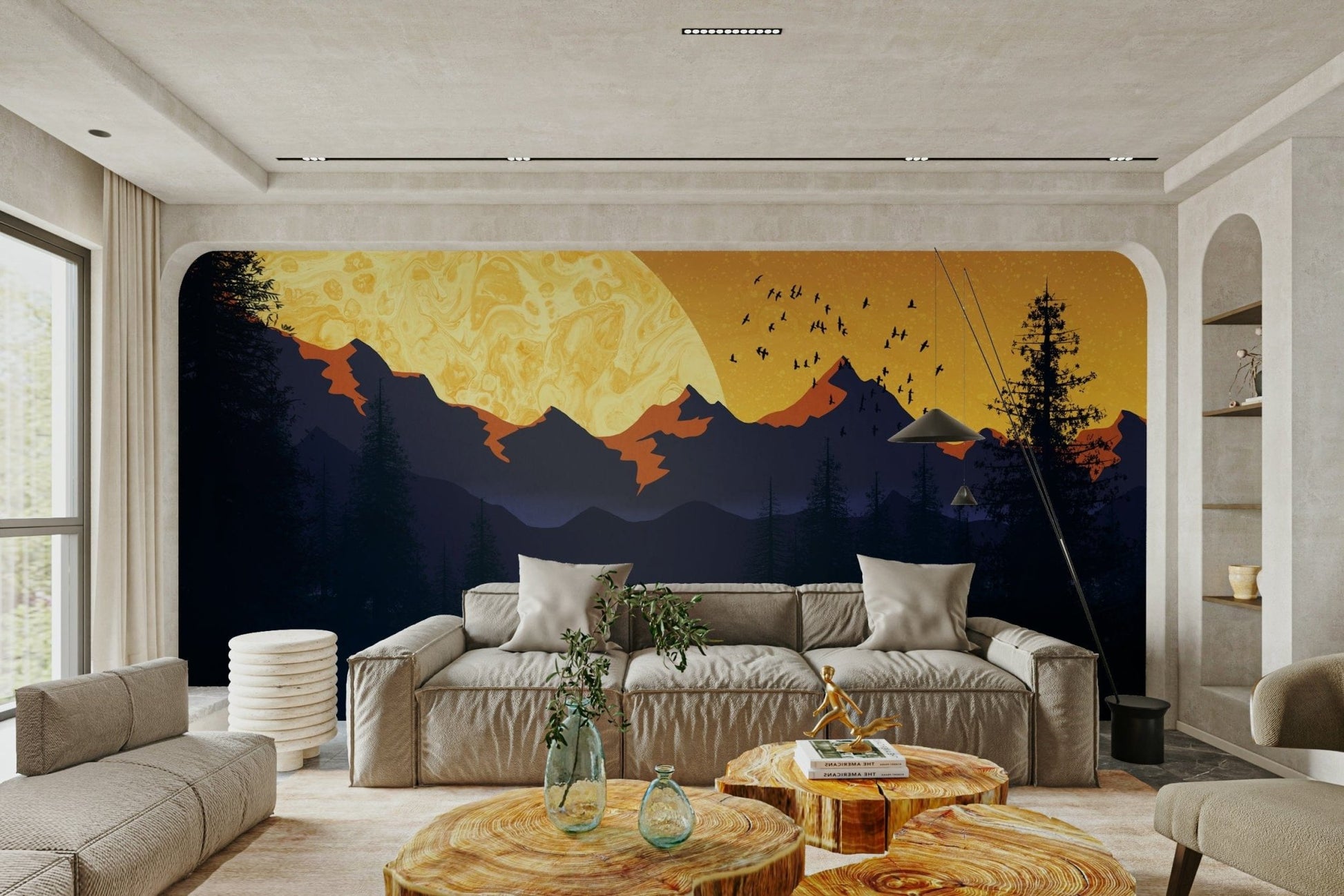 Marble sun and blue mountains mural GD112

