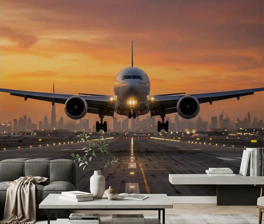Living room with Golden Hour Flight City Lights Ascend wall mural at sunset