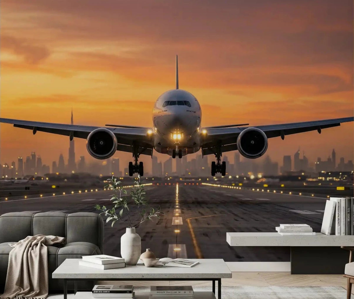 Living room with Golden Hour Flight City Lights Ascend wall mural at sunset, GD9021