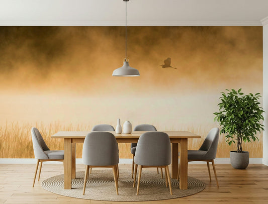 A beautiful bird flight wallpaper mural bathed in golden hour light.