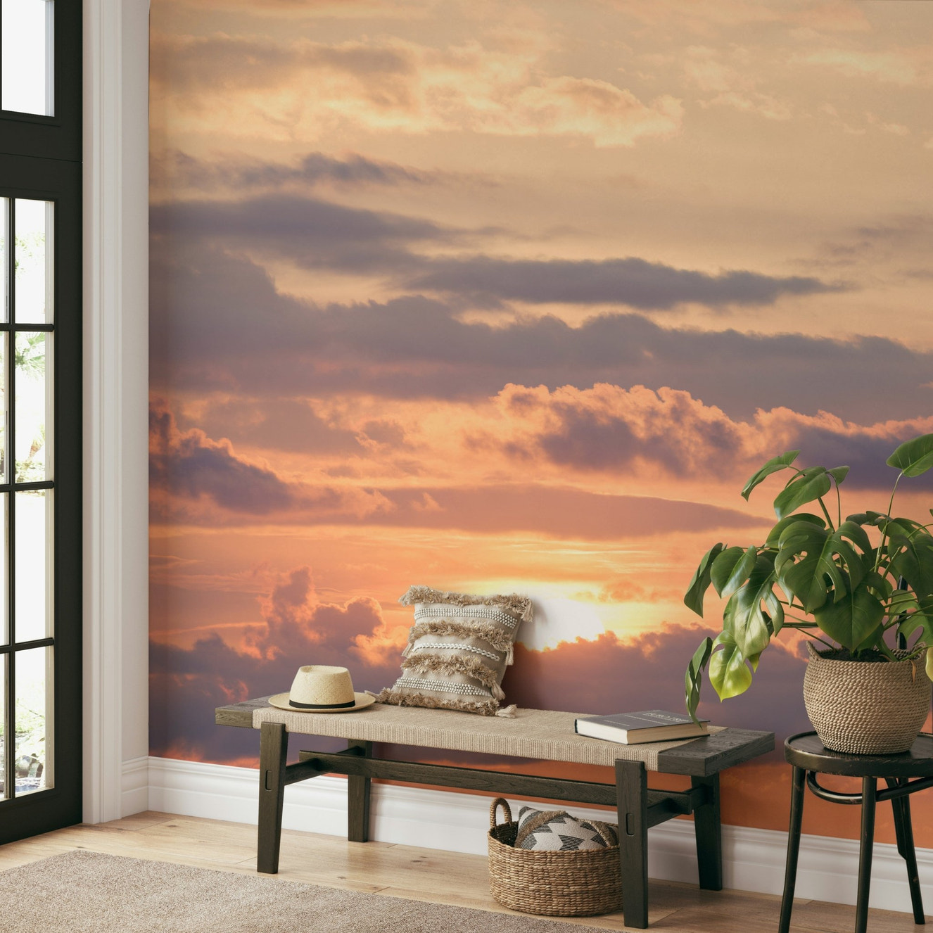 A beautiful golden hour wallpaper mural of a sunset sky.

