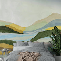 Living room accent with sunset landscape mural

