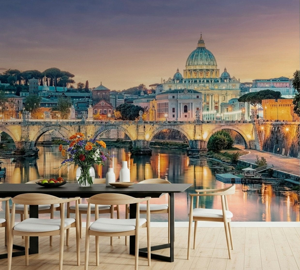 Golden Hour in Rome Wall Mural brings a glowing river view to a modern dining room, GD7939