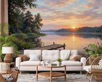 Golden Hour Lake Serenity wall mural with wooden dock and lily pads, GD9246