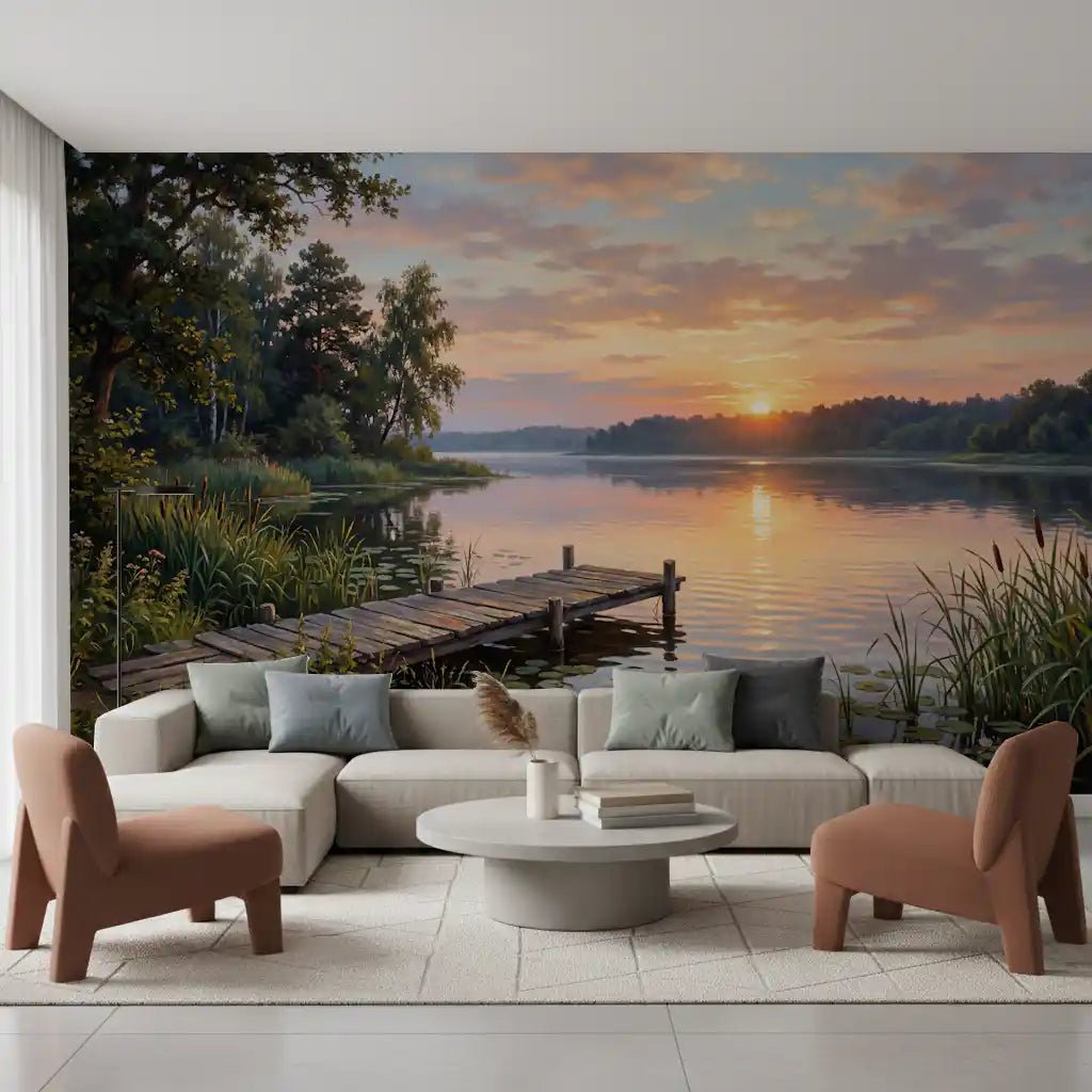 Scenic water wall mural featuring Golden Hour Lake Serenity composition, GD9246