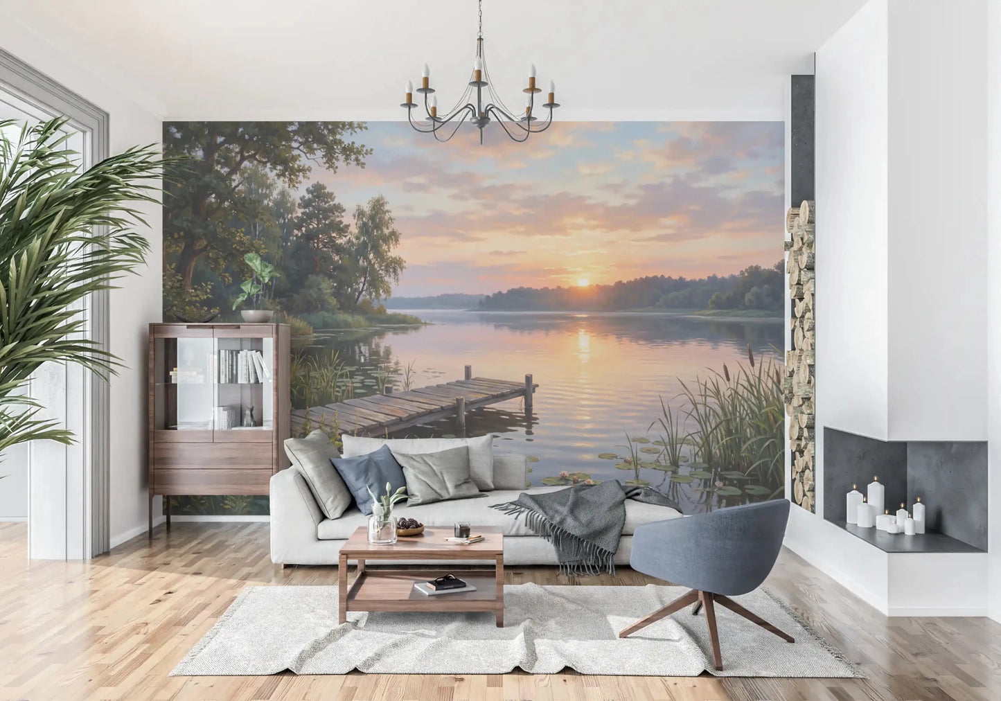 Nature lake wall mural with Golden Hour Lake Serenity warm light tones, GD9246