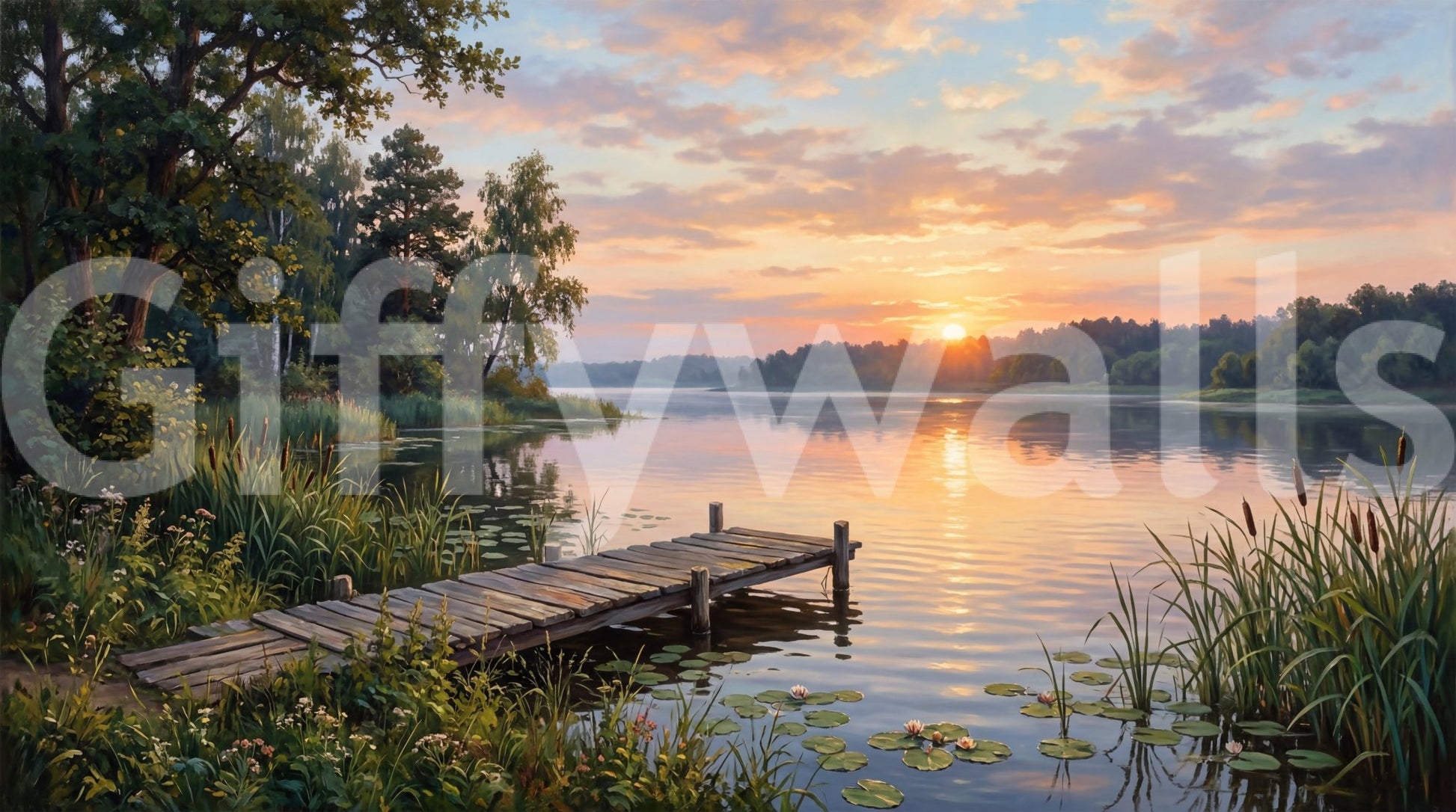 Golden Hour Lake Serenity wall mural with soft sky and reflections, GD9246