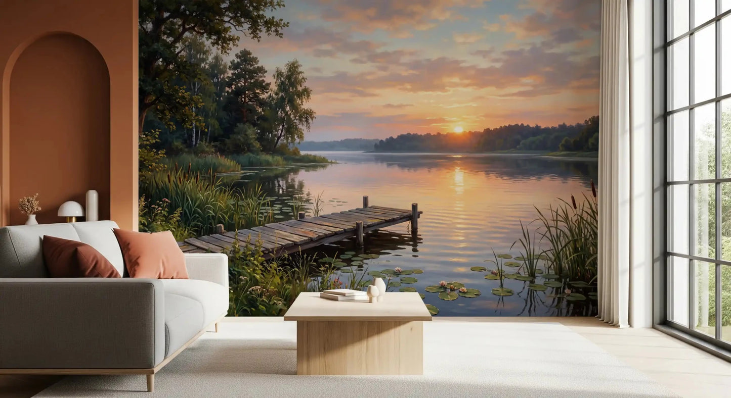 Golden Hour Lake Serenity wall mural featuring still water and greenery, GD9246