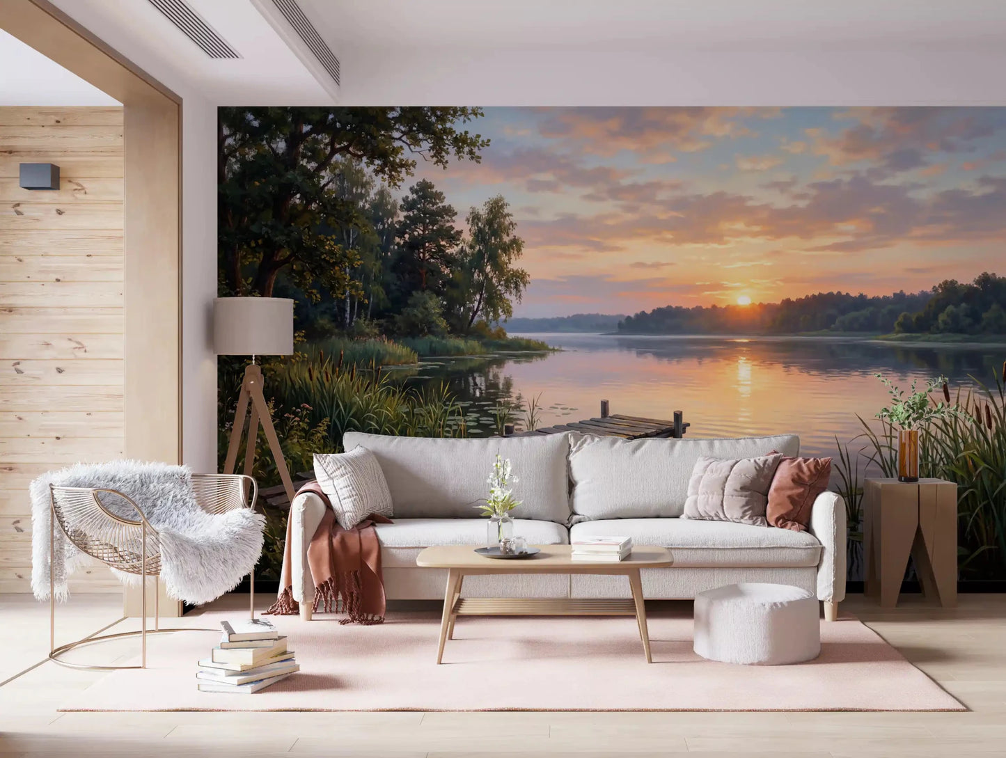 Living room styled with Golden Hour Lake Serenity wall mural lakeside view, GD9246