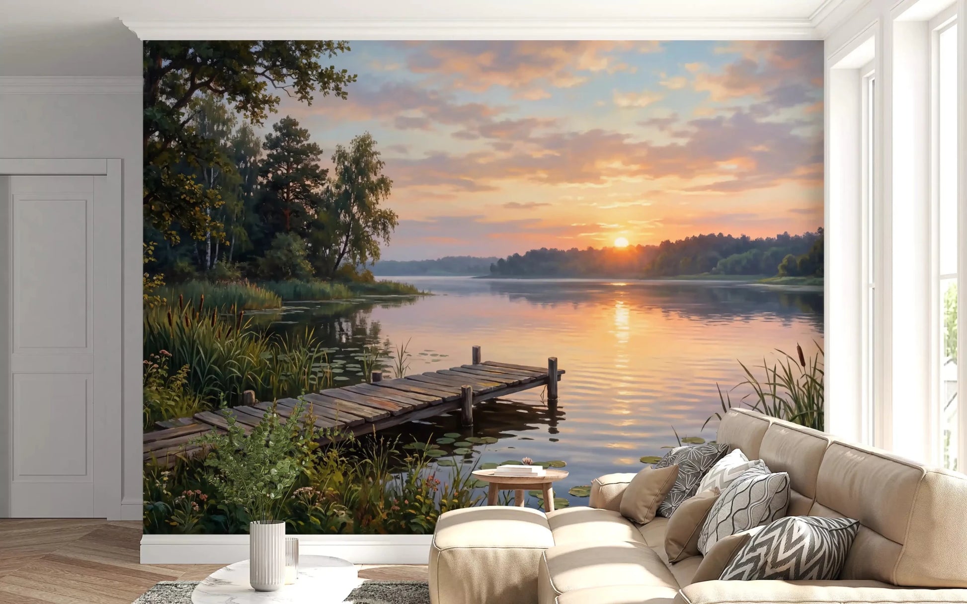 Golden Hour Lake Serenity wall mural showing dock and sunset reflection, GD9246