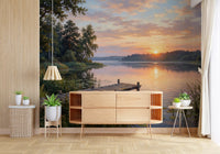 Hallway setup with Golden Hour Lake Serenity wall mural nature scene, GD9246
