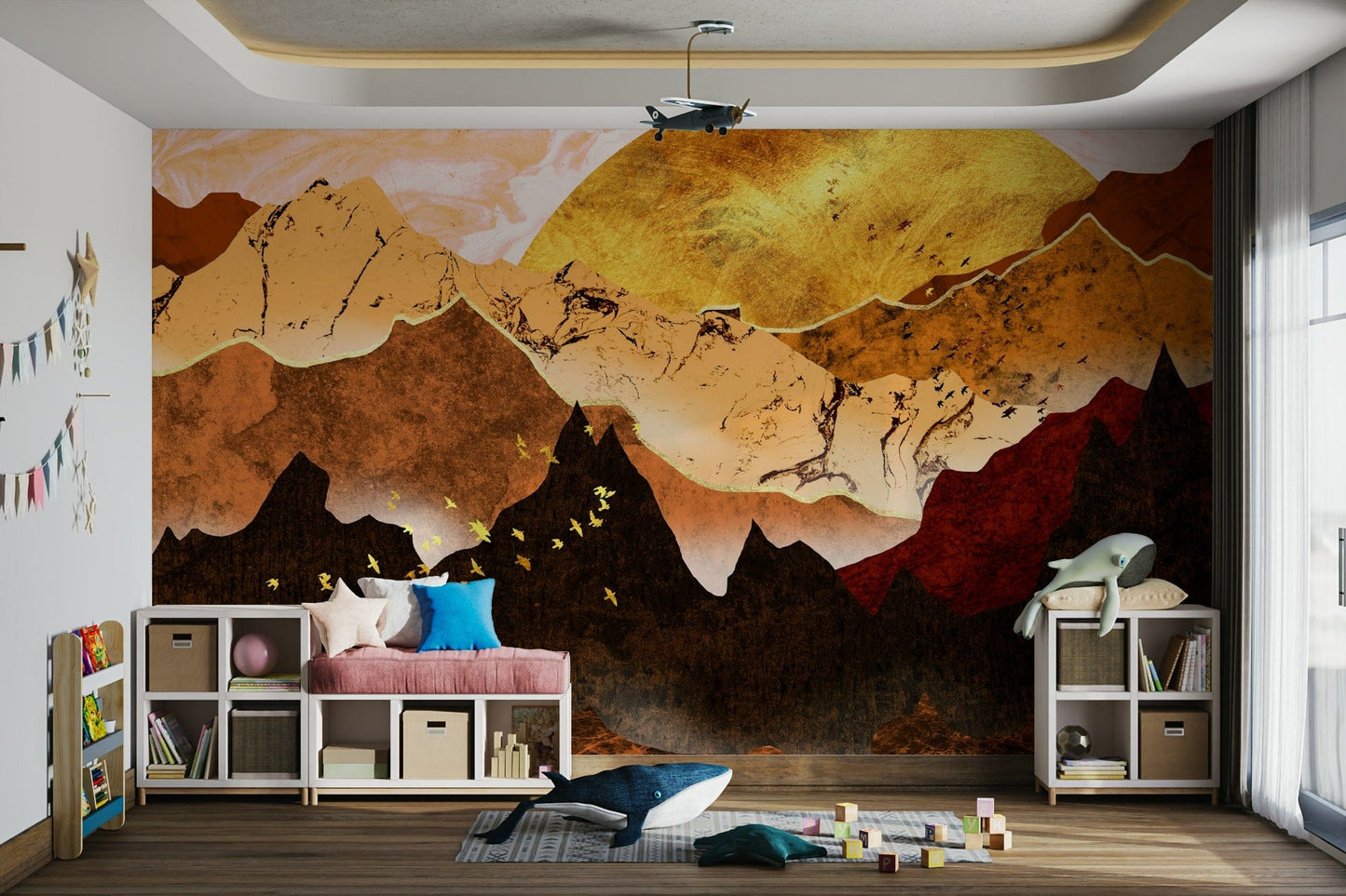 Golden birds over brown hills mural GD107

