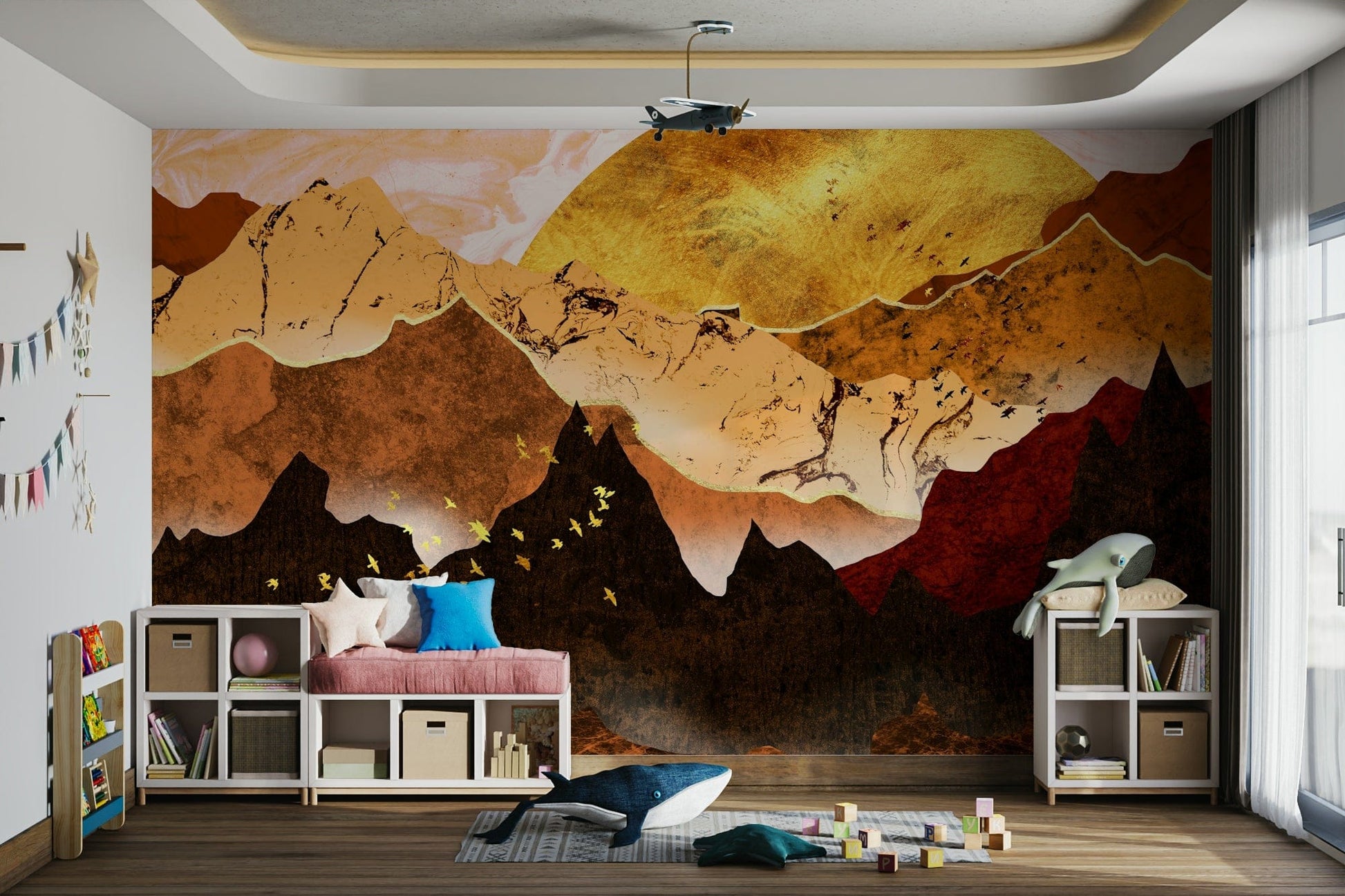 Golden birds over brown hills mural GD107

