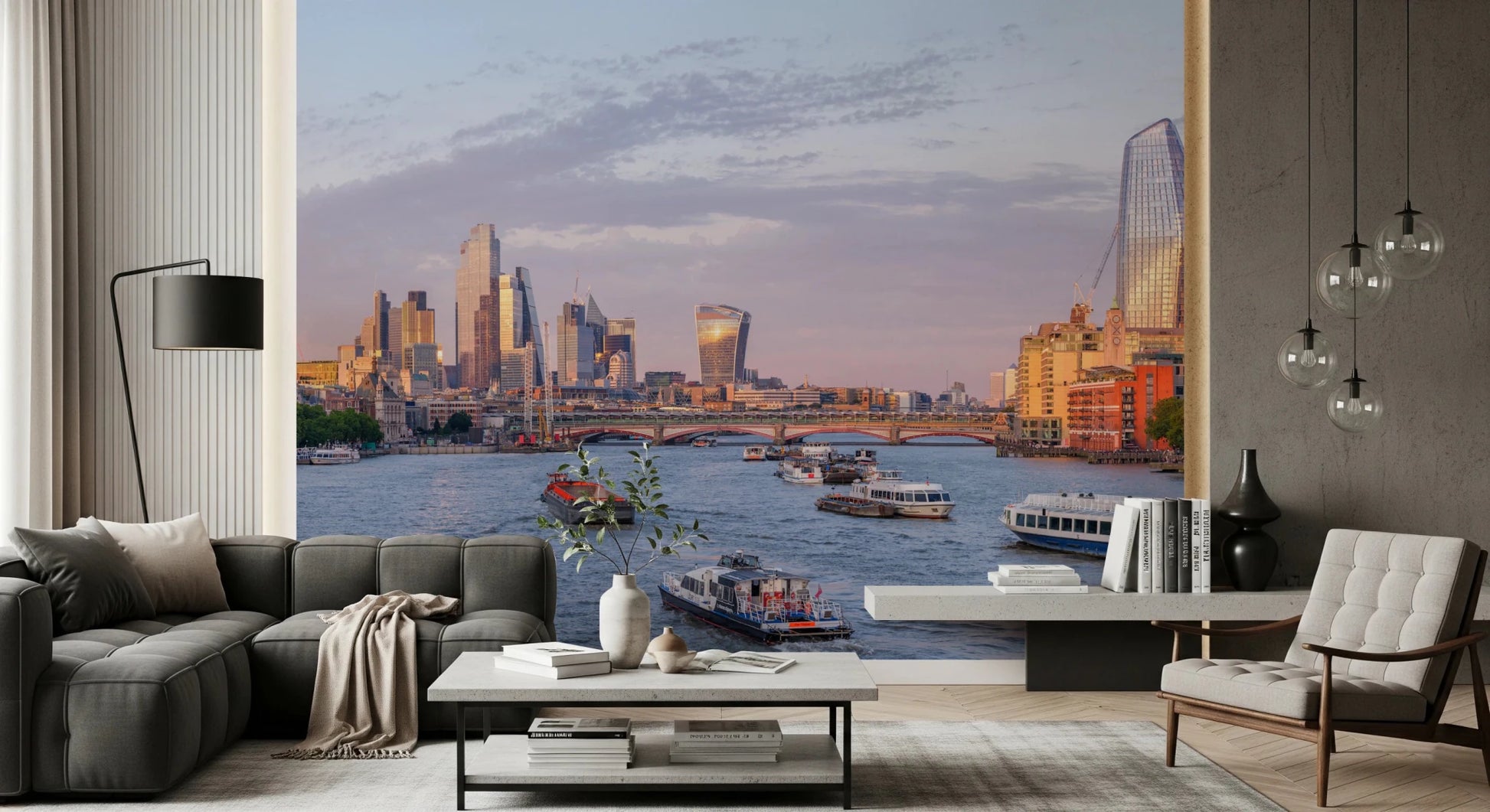 Cozy Living room styled with Golden Hour on the Thames Wall Mural behind the bed