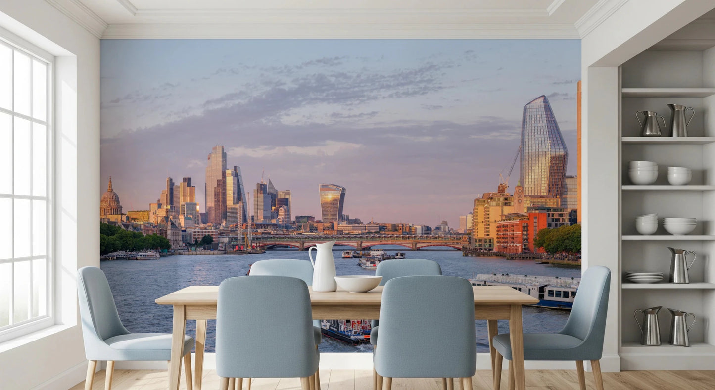 Open kitchen and dining space with Golden Hour on the Thames Wall Mural backdrop