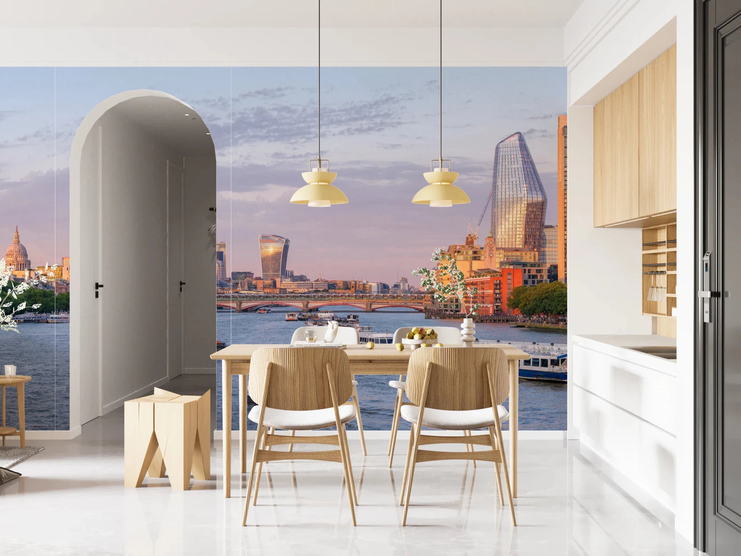 Elegant dining room set with Golden Hour on the Thames Wall Mural and sunset view