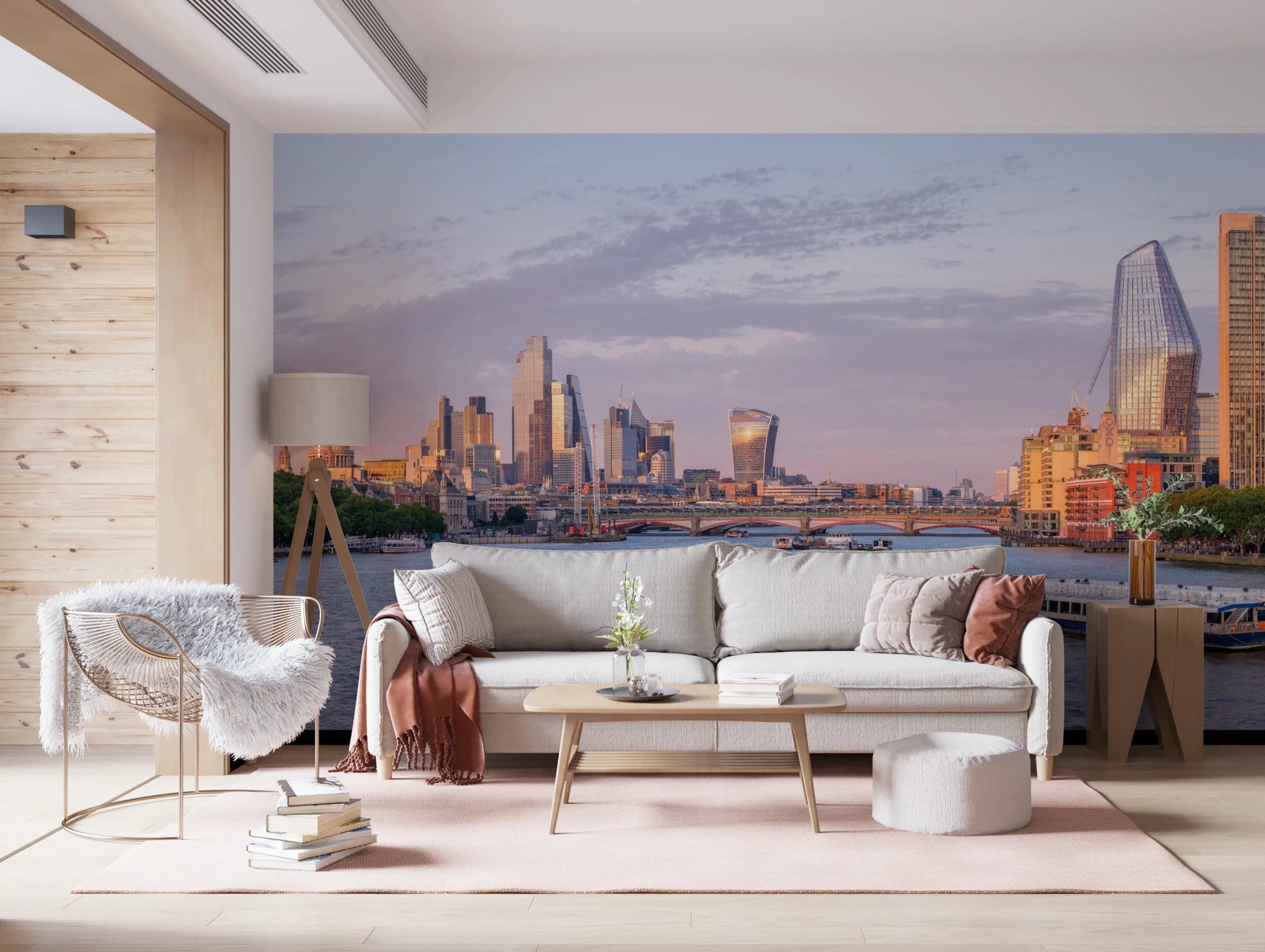 Minimal lounge interior using Golden Hour on the Thames Wall Mural above the sofa