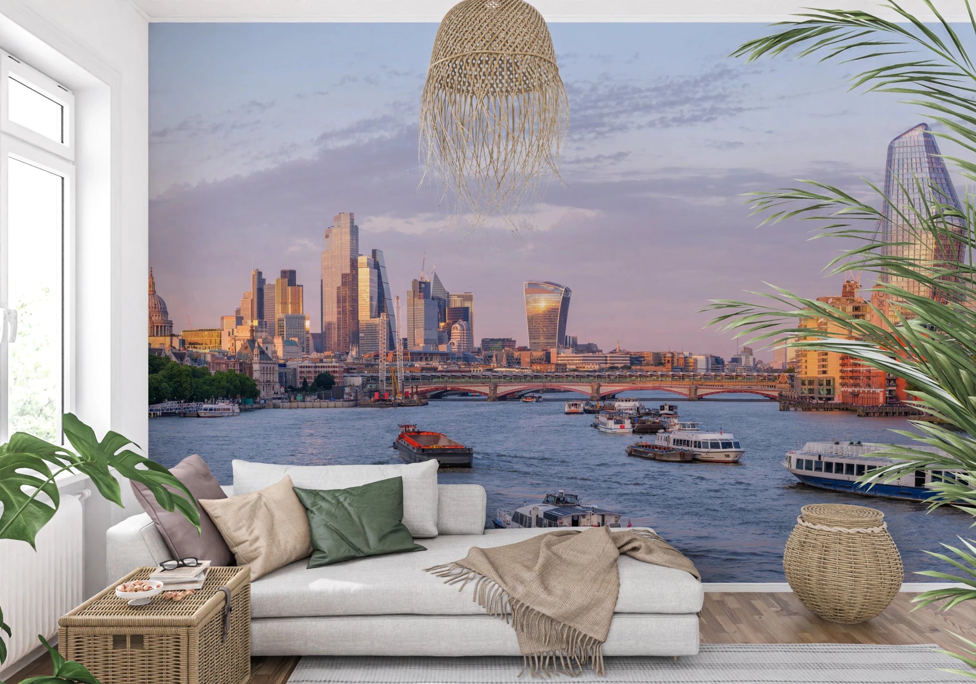 Soft lounge setup featuring Golden Hour on the Thames Wall Mural across a wide