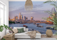 Soft lounge setup featuring Golden Hour on the Thames Wall Mural across a wide