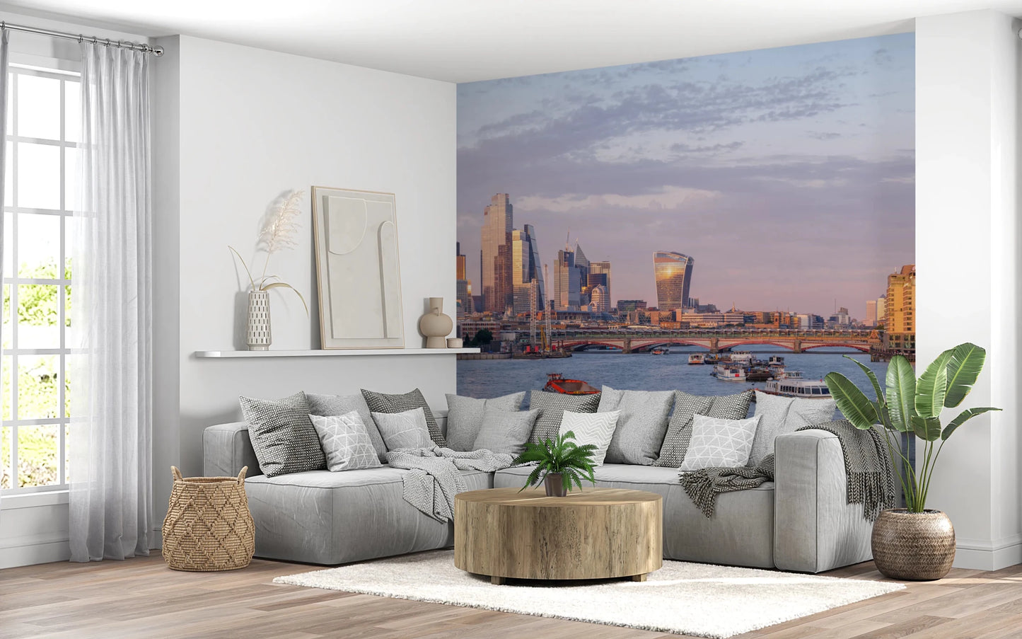 Bright hallway finished with Golden Hour on the Thames Wall Mural by the vanity