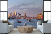 Modern living area showing Golden Hour on the Thames Wall Mural beside tall windows
