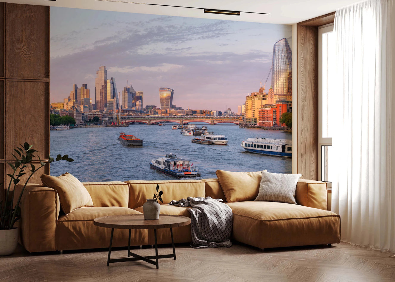 Warm living room styled with Golden Hour on the Thames Wall Mural above the sofa
