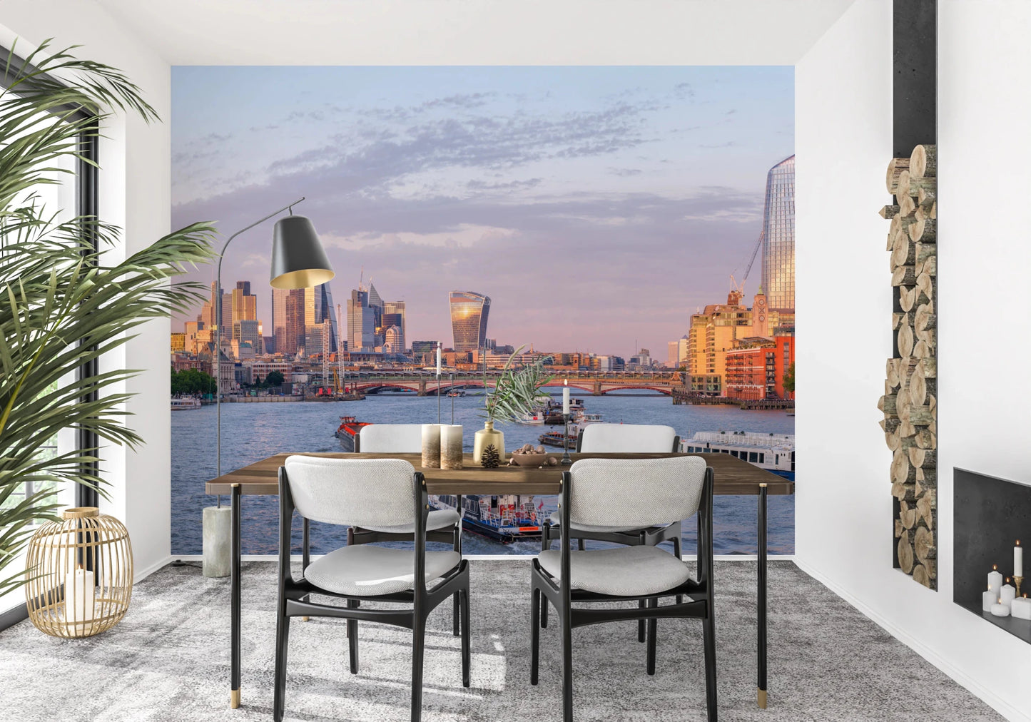 Outdoor dining corner framed by Golden Hour on the Thames Wall Mural city skyline