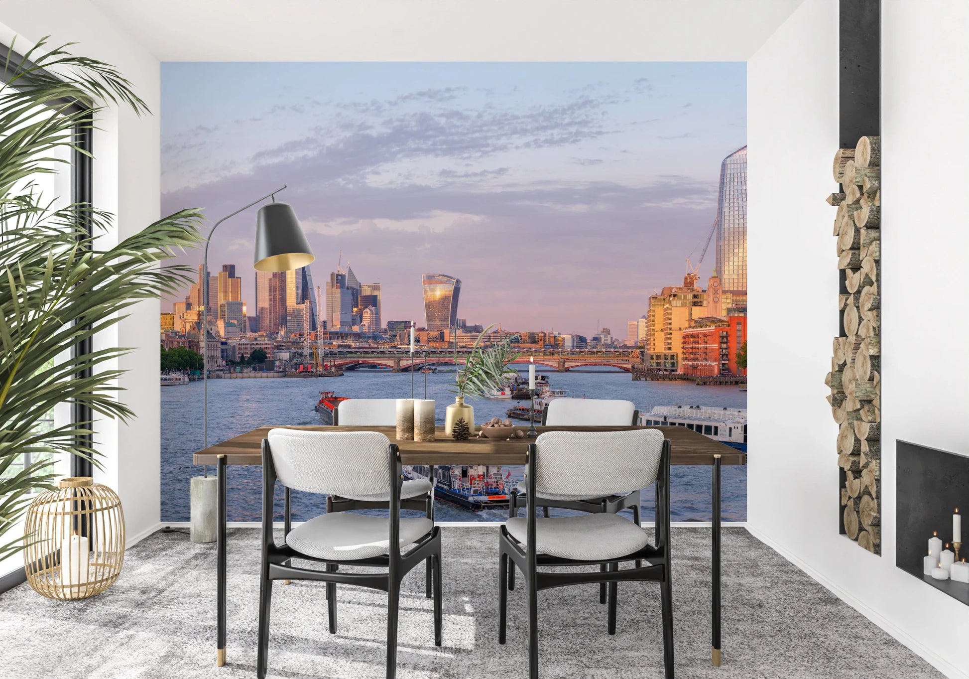 Outdoor dining corner framed by Golden Hour on the Thames Wall Mural city skyline