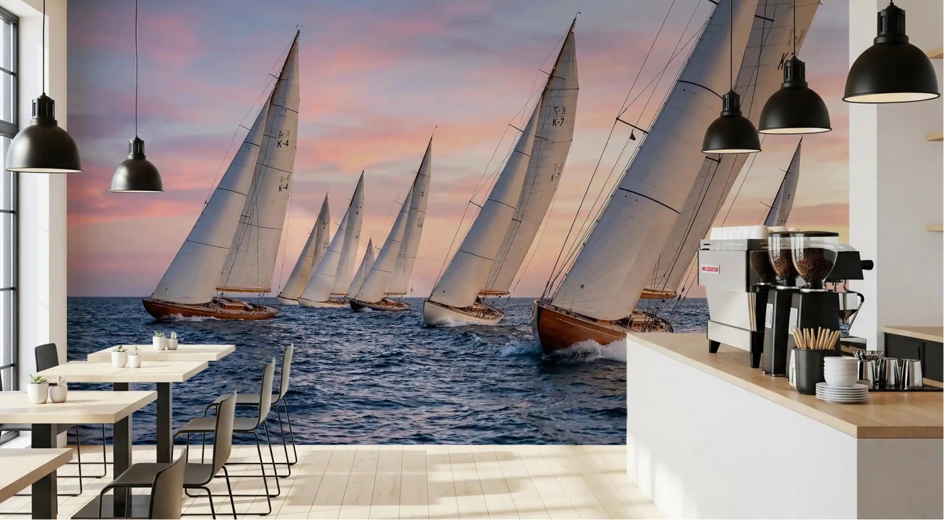 Café set against the Golden Hour Regatta wall mural at sunset