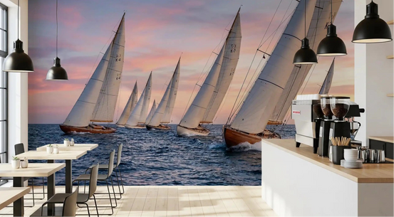 Café set against the Golden Hour Regatta wall mural at sunset, GD9074