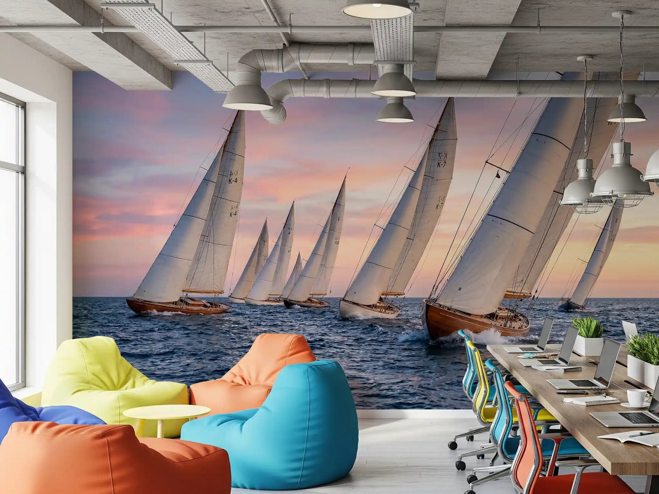 Office workplace with the calm sailing scene of this Golden Hour Regatta wall mural