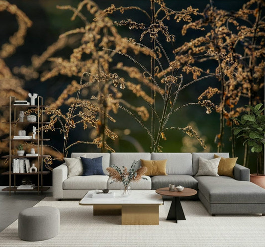 Soft focus floral wall mural in a bright and airy minimalist apartment.