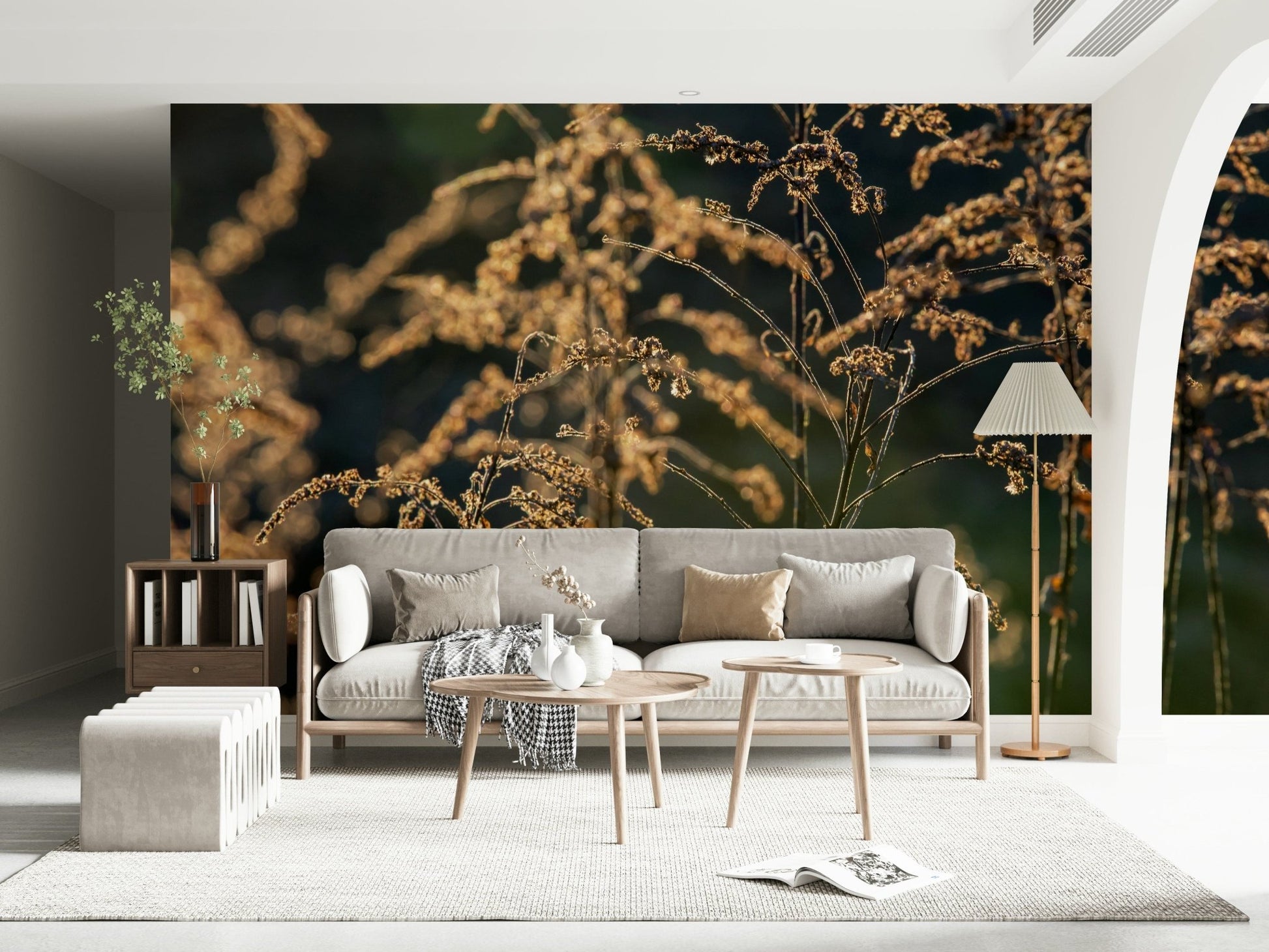 Warm amber tones botanical wallpaper mural for a sophisticated hallway.